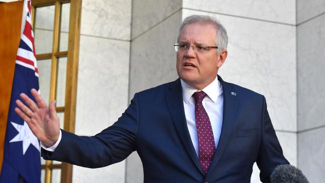 Prime Minister Scott Morrison at a press conference at Parliament House in Canberra. Picture: AAP