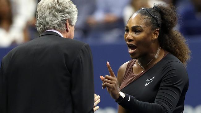 Williams argues with match referee Brian Earley. Picture: AFP