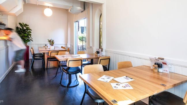 High ceilings and stained glass windows can be enjoyed by patrons as they eat.