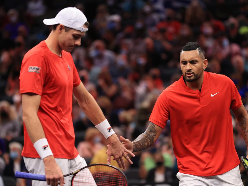 Nick Kyrgios (right) has played his last tournament for the year. (Photo by Carmen Mandato/Getty Images for Laver Cup)