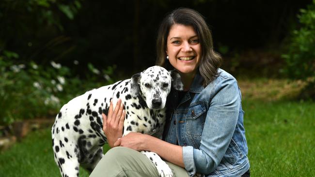 Animal Justice Party lead Legislative Council candidate Louise Pfeiffer, with her rescue Dalmatian Cassie. Picture: Tricia Watkinson