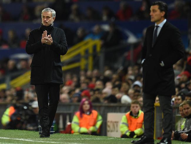 Jose Mourinho (L) during the defeat to Sevilla.