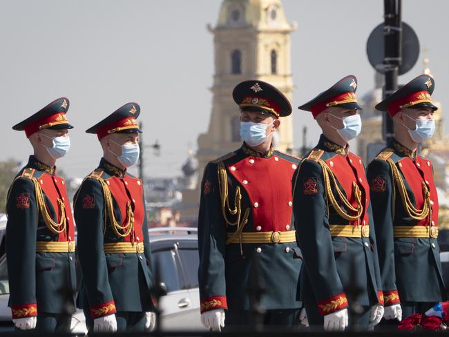 Russian honour guard soldiers wearing face masks to protect against coronavirus pictured in St. Petersburg. Picture: AP