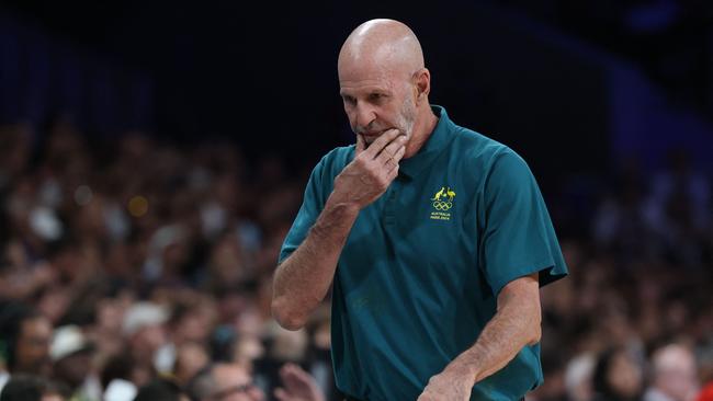 Australia's coach Brian Goorjian reacts at the end of the men's preliminary round group A basketball match between Canada and Australia during the Paris 2024 Olympic Games at the Pierre-Mauroy stadium in Villeneuve-d'Ascq, northern France, on July 30, 2024. (Photo by Thomas COEX / AFP)