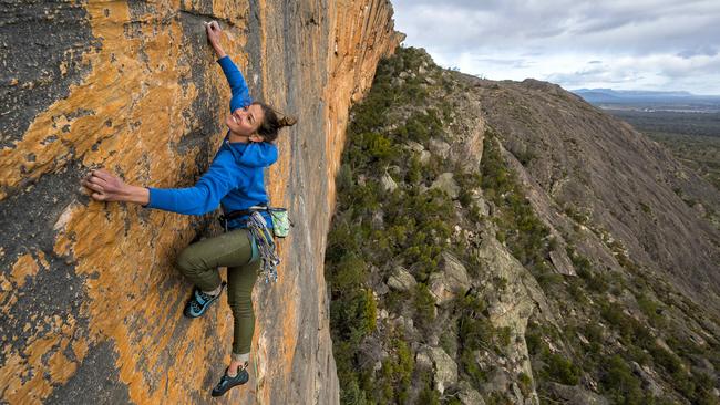 Rock climber Kerrin Gale scales a permitted climb in the Grampians, after climbers were banned from other parts of the national park. Picture: Simon Carter