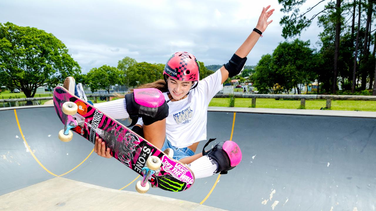 Olympic Gold Medallist Arisa Trew at her local skate park on the Gold Coast. Picture: Richard Walker