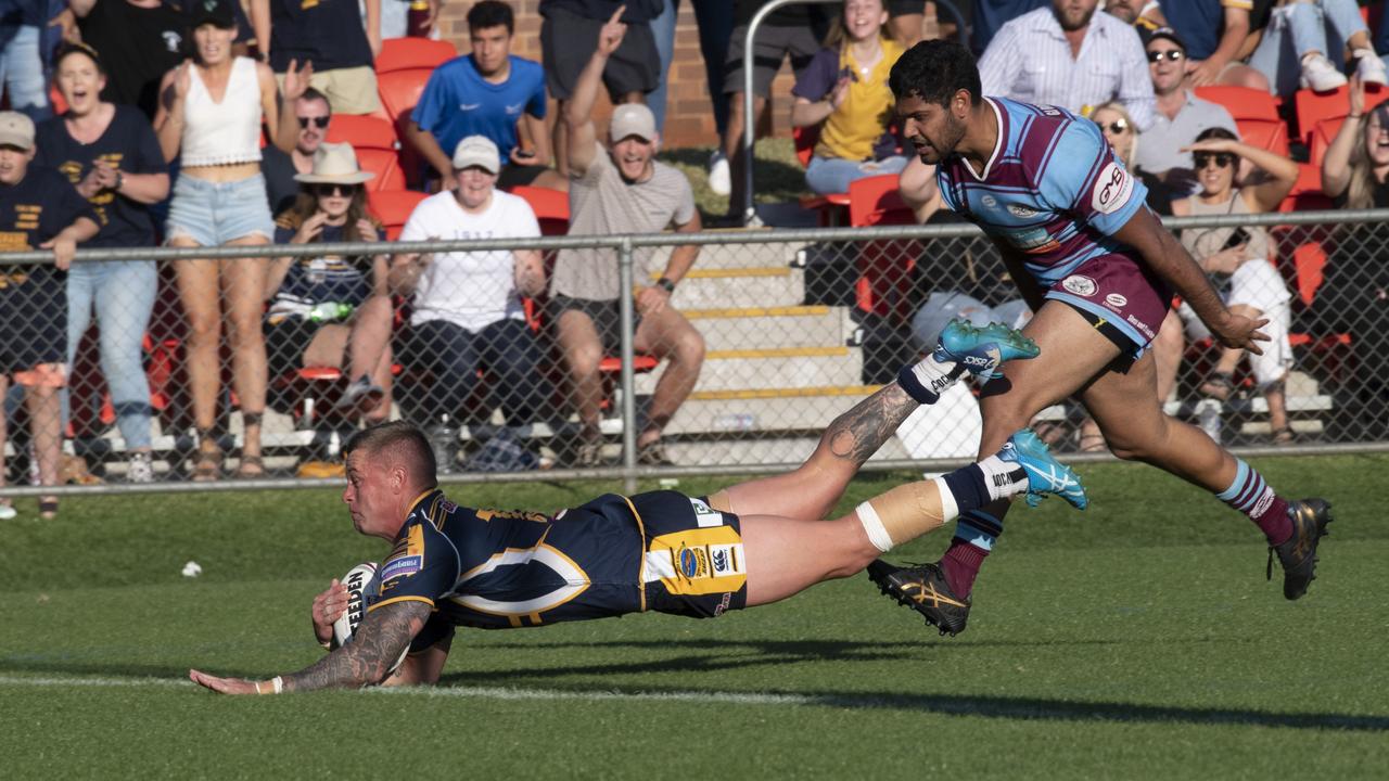 Sam Bielefeld goes over the try line however the previous pass was decreed as forward. Highfields vs Goondiwindi. 2021 Hutchinson Builders Cup A Grade final. Sunday, September 19, 2021. Picture: Nev Madsen.