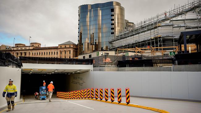 Workers putting the finishing touches to the entrance to the Festival Square car park. Picture: Mike Burton