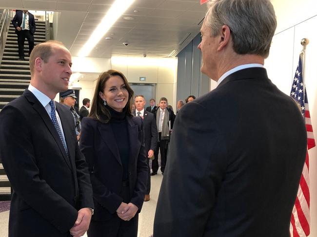 The coupled were greeted by Governor Charlie Baker at Logan Airport. Picture: John Tlumacki/The Boston Globe via Getty Images.