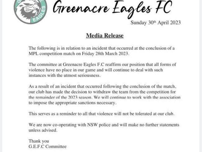 The Greenacre Eagles Football Club’s statement.