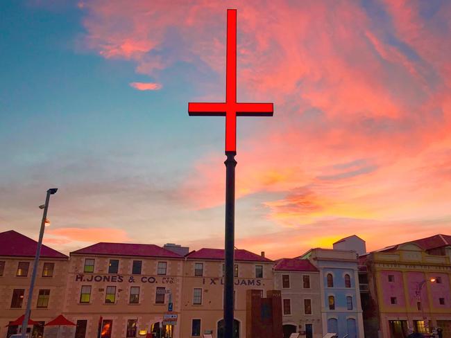 One of three red crosses lining the Hobart waterfront. Picture: KATY MORGAN