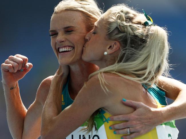 RIO DE JANEIRO, BRAZIL - AUGUST 16: Eloise Wellings (L) and Genevieve Lacaze of Australia react after the Women's 5000m Round 1 - Heat 2 on Day 11 of the Rio 2016 Olympic Games at the Olympic Stadium on August 16, 2016 in Rio de Janeiro, Brazil. (Photo by Patrick Smith/Getty Images) *** BESTPIX ***