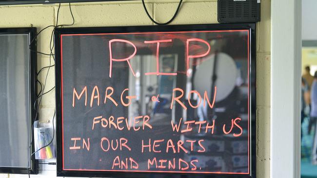 A tribute sign in the Mallala Bowling Club where the couple were members. Picture: AAP/Brenton Edwards