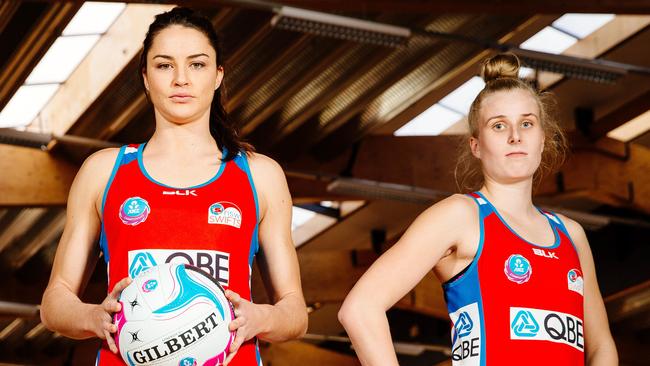 The NSW Swifts formidable defensive team of Sharni Layton and Maddy Turner.