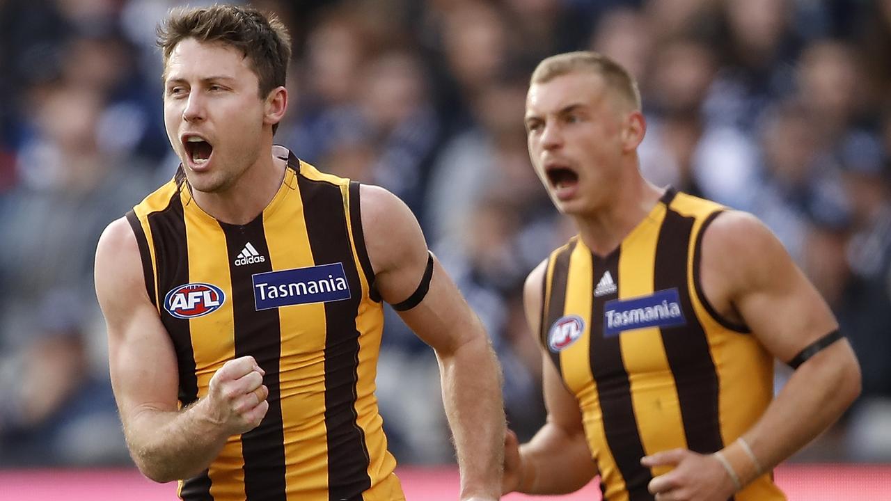 A pumped up Liam Shiels after kicking a goal against the Cats. Picture: Getty Images