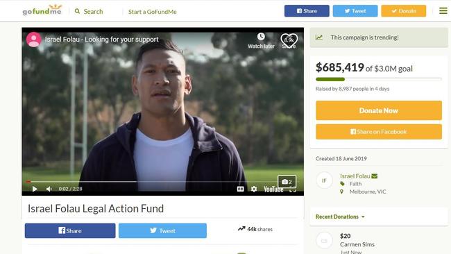 Screen Grab from Israel Folau Go Fund Me account Snip taken at 18:00 on Sunday the 23rd of June, 4 days after the launch of the page. From source: https://au.gofundme.com/israel-folau-legal-action-fund