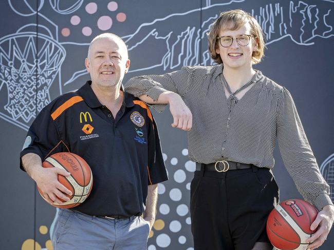 Glenorchy Basketball Association president Rod Graham and Queer Sport Alliance basketball player Maia Cook. Picture: Chris Kidd