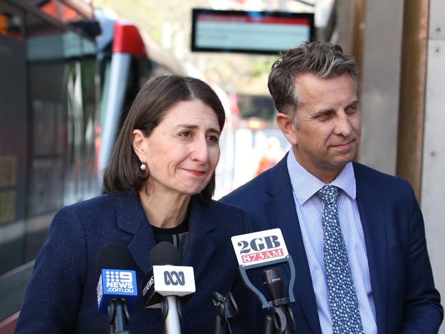 NSW Premier Gladys Berejiklian and Transport Minister Andrew Constance have praised recent developments on the light rail system. Picture: Richard Dobson.