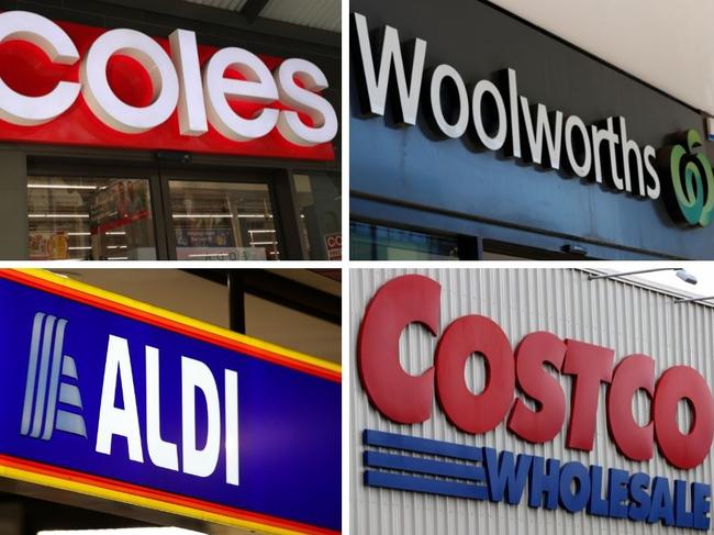 Coles, Woolworths, Aldi, Costco composite. Picture: NCA Newswire