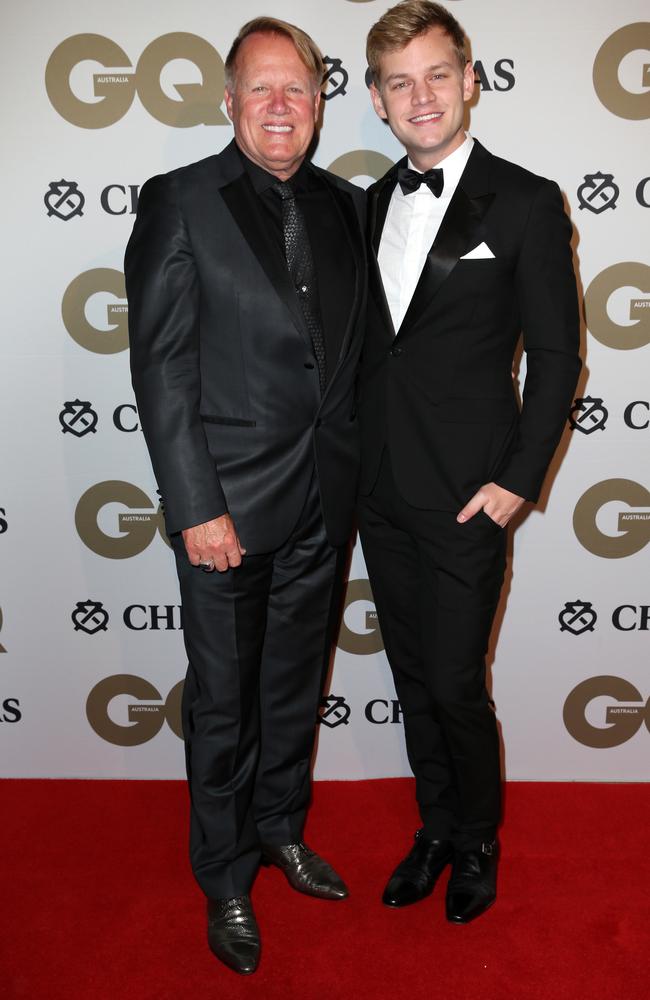 Joel Creasey (right) and his dad Terry at the GQ Men of the Year Awards held at the Ivy Ballroom in Sydney. Picture: Christian Gilles