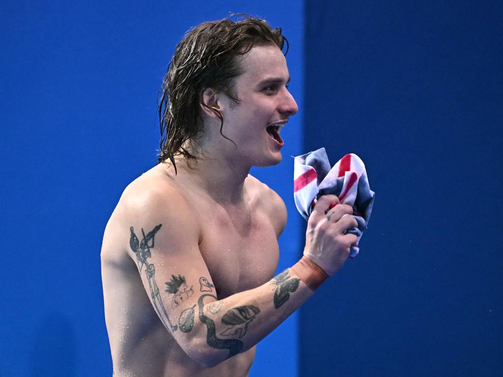 Cassiel Rousseau is happy with his final dive in the 10m platform. Picture: Manan Vatsyanyana / AFP)