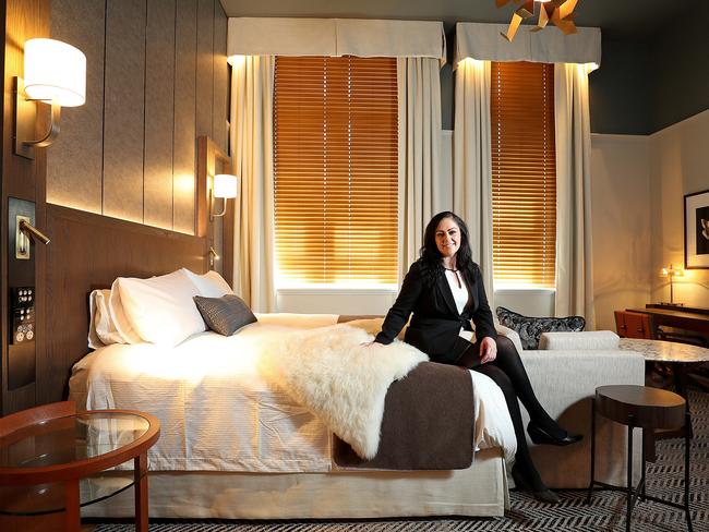 Citta Property Group’s Nikki Reid checks out the mock-up heritage suite at the new Marriot International Hotel, The Tasman, under construction at Parliament Square in Hobart. Picture: SAM ROSEWARNE