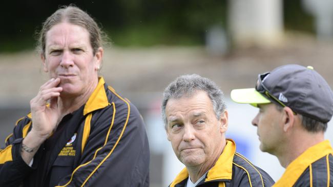 BRAINS TRUST: Grafton Tigers coaching staff including Chris Leslie and Warren Bagnall at the 2018 AFL North Coast Youth Girls grand final at C.ex International Stadium in Coffs Harbour.