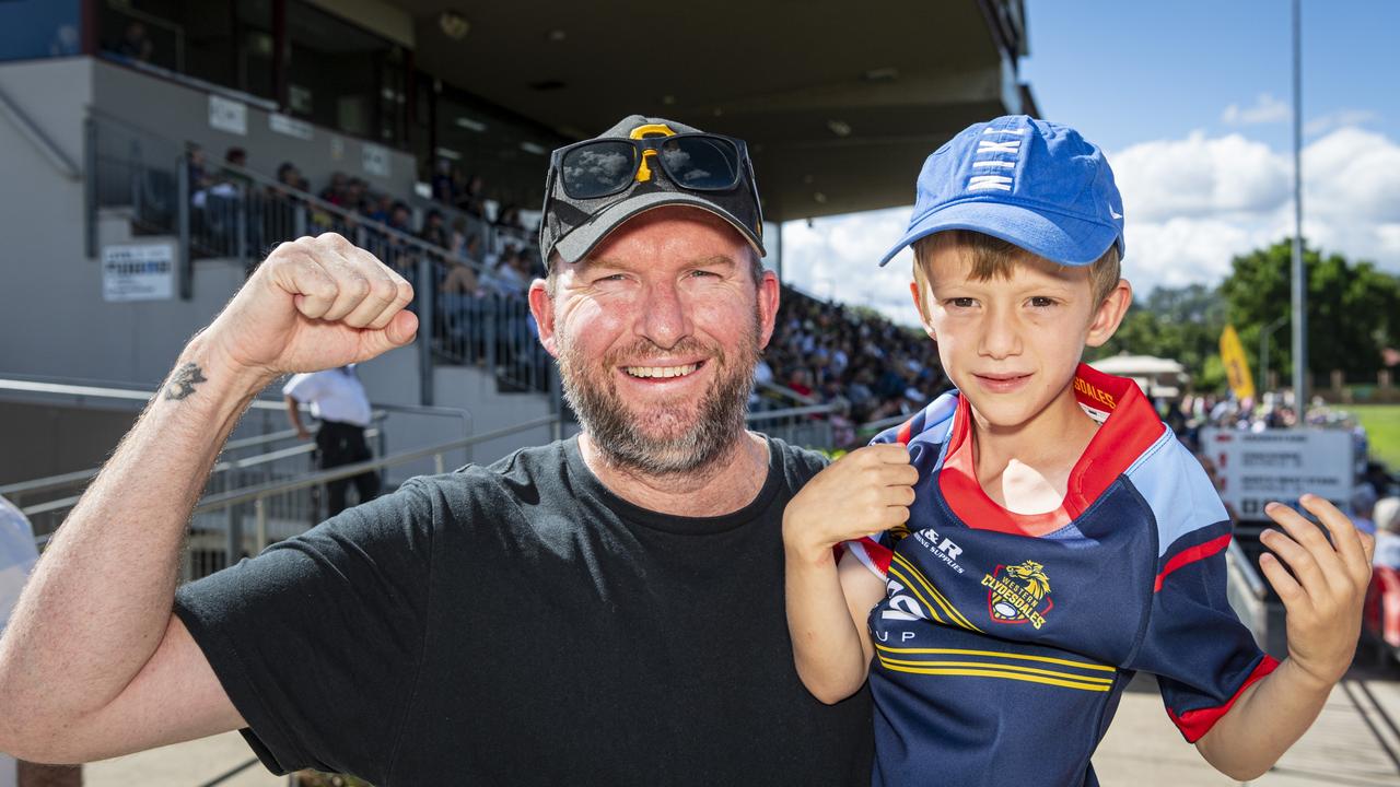 Geoff Broadbent and son Patrick show their support for the Western Clydesdales at Clive Berghofer Stadium, Saturday, March 9, 2024. Picture: Kevin Farmer