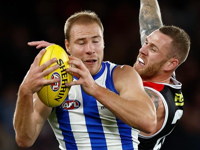 MELBOURNE, AUSTRALIA - MAY 07: Ben McKay of the Kangaroos and Tim Membrey of the Saints compete for the ball during the 2023 AFL Round 08 match between the North Melbourne Kangaroos and the St Kilda Saints at Marvel Stadium on May 7, 2023 in Melbourne, Australia. (Photo by Michael Willson/AFL Photos via Getty Images)