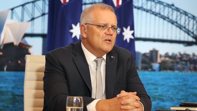 Scott Morrison addresses Joe Biden’s climate summit from Sydney on Thursday night. Picture: Christian Gilles