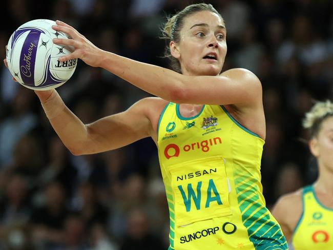 AUCKLAND, NEW ZEALAND - OCTOBER 12: Liz Watson of the Australian Diamonds during the Constellation Cup netball match between New Zealand and Australia at Spark Arena on October 12, 2022 in Auckland, New Zealand. (Photo by Phil Walter/Getty Images)