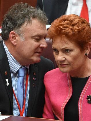 One Nation Senators Rodney Culleton and Pauline Hanson during the Backpacker Tax Bill vote. Picture: AAP