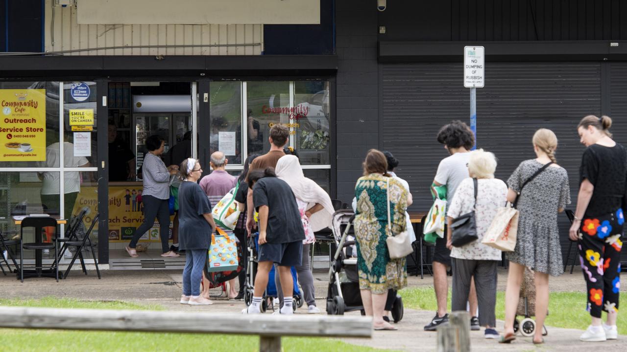 The line was 18 people deep before the food bank opened at 11am on Monday morning. Picture: NewsWire/ Monique Harmer