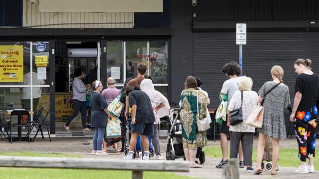 The line was 18 people deep before the food bank opened at 11am on Monday morning. Picture: NewsWire/ Monique Harmer