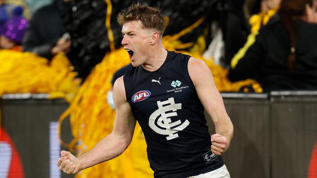 Jack Newnes of the Blues celebrates a goal during the 2022 AFL Round 14 match against Richmond. (Photo by Michael Willson/AFL Photos via Getty Images)