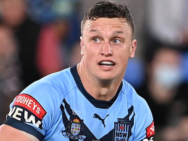 GOLD COAST, AUSTRALIA - JULY 14:  Jack Wighton of the Blues runs the ball during game three of the 2021 State of Origin Series between the New South Wales Blues and the Queensland Maroons at Cbus Super Stadium on July 14, 2021 in Gold Coast, Australia. (Photo by Bradley Kanaris/Getty Images)