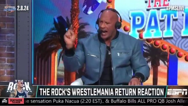 In a fiery promo on the Pat McAfee show, The Rock addresses Cody Rhodes’ potential exclusion from the WrestleMania 40 main event against Roman Reigns. Picture: Pat McAfee Show