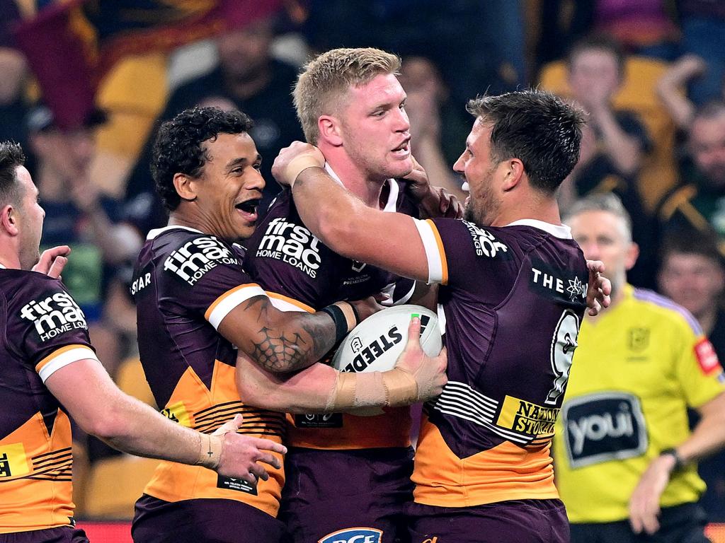 Tom Flegler celebrates his four pointer. Picture: Bradley Kanaris/Getty