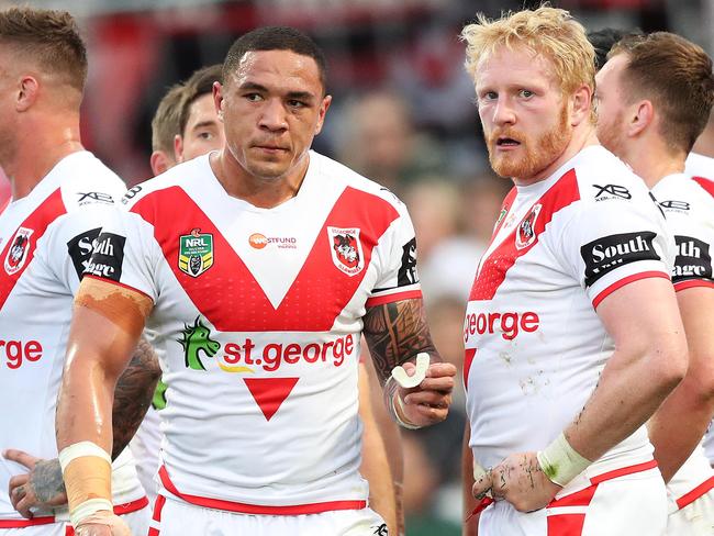 Dragons players after a Bulldogs try during the St George Dragons v Bulldogs NRL match at Jubilee Oval, Kogarah. Picture: Brett Costello