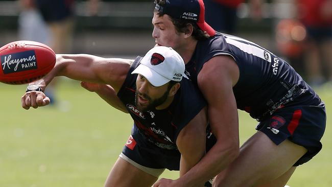 Angus Bratshaw doesn’t give Jordan Lewis an inch. Picture: Wayne Ludbey