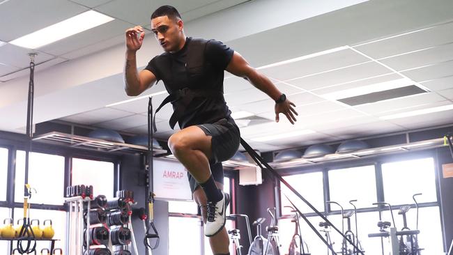 Former Cronulla Shark Valentine Holmes training with former Sharks trainer Trent Elkin ahead of his move to the US to trial for the NFL, at Tribe Social Fitness in Taren Point, Sydney. Picture: Brett Costello