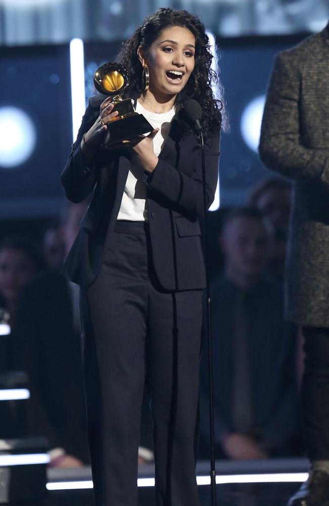 Alessia Cara accepts the award for best new artist from Nick Jonas at the 60th annual Grammy Awards. Picture: AP