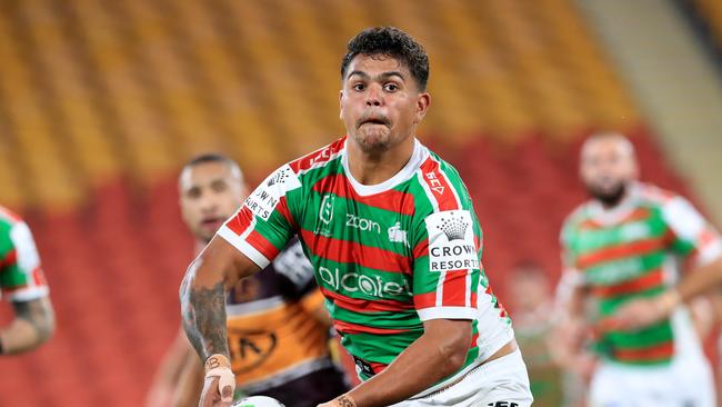 Latrell Mitchell In action during the Round 2 NRL game between the Brisbane Broncos and the South Sydney Rabbitohs at Suncorp Stadium, Brisbane. Pics Adam Head