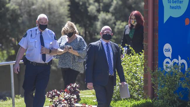 Deputy State Coroner Anthony Schapel (front) with counsel assisting the coroner Emma Roper (back, right) at ECH Morphett Vale. Picture Roy VanDerVegt