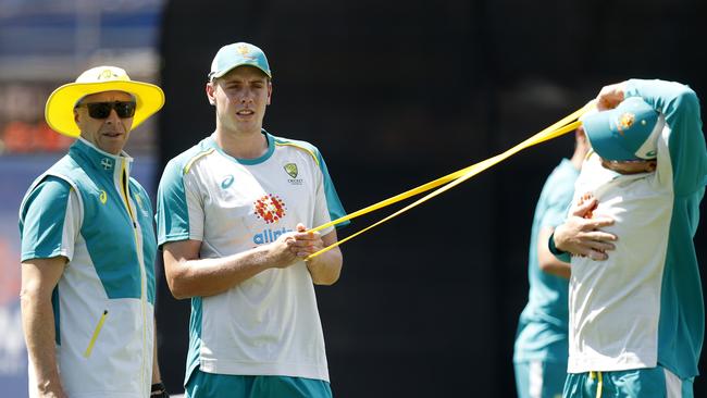 Troy Cooley with Cameron Green during Australia’s training session. Picture. Phil Hillyard.