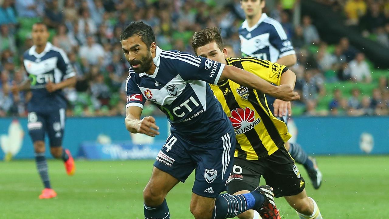 MELBOURNE, AUSTRALIA - NOVEMBER 03: Fahid Ben Khalfallah of the Victory looks to pass the ball during the round four A-League match between the Melbourne Victory and Wellington Phoenix at AAMI Park on November 3, 2014 in Melbourne, Australia. (Photo by Quinn Rooney/Getty Images)