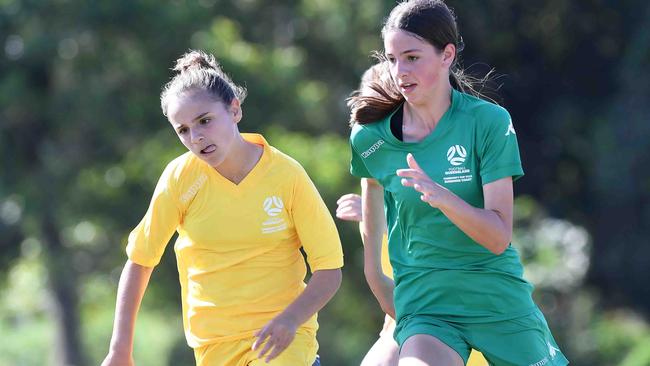 Football Queensland Community Cup carnival, Maroochydore. U13-14 girls, Sunshine Coast V Darling Downs. Picture: Patrick Woods.