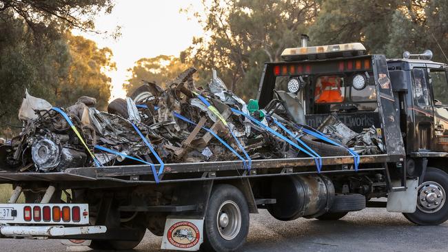 A car went through a Give Way sign and collided with another car which then was hit by a truck, killing five people at Strathmerton. Picture: Ian Currie