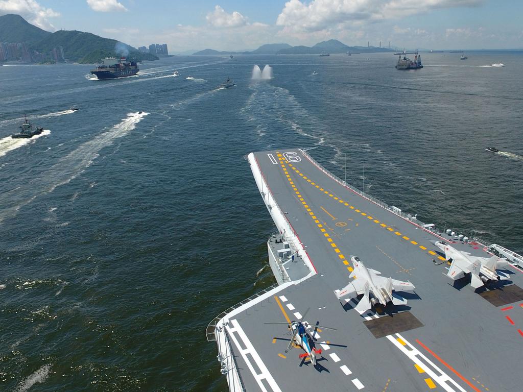 China’s first aircraft carrier, the Liaoning, leaves Hong Kong. Picture: Zeng Tao/Xinhua via Getty Images