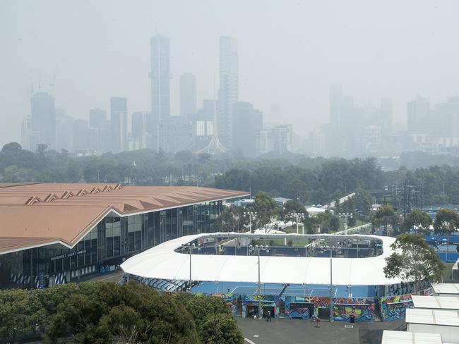 Australian Open Tennis. 14/01/2020.  Smoke haze around Melbourne today as play goes on at Melbourne Park  . Pic: Michael Klein